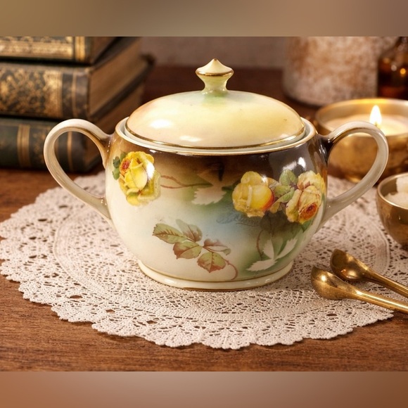 Antique P.S.A.G. Bavaria Hand Painted Sugar Bowl Yellow Roses Gold Trim - Picture 2 of 8